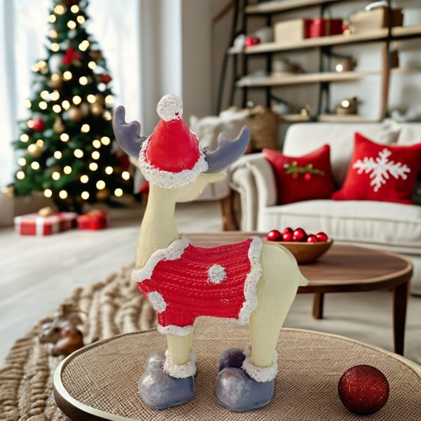 New Cute Resin Reindeer Couple Christmas Ornaments Stylish Animal Figurine for Home Desktop or Garden Outdoor Usage  Sculpture