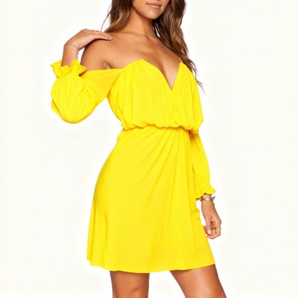 Women's Yellow Off-Shoulder Deep V-Neck Dress - Bold Party Mini Dress