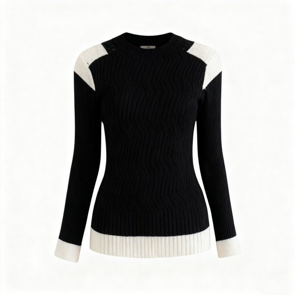 Black and White Contrast Ribbed Sweater with Chevron Pattern