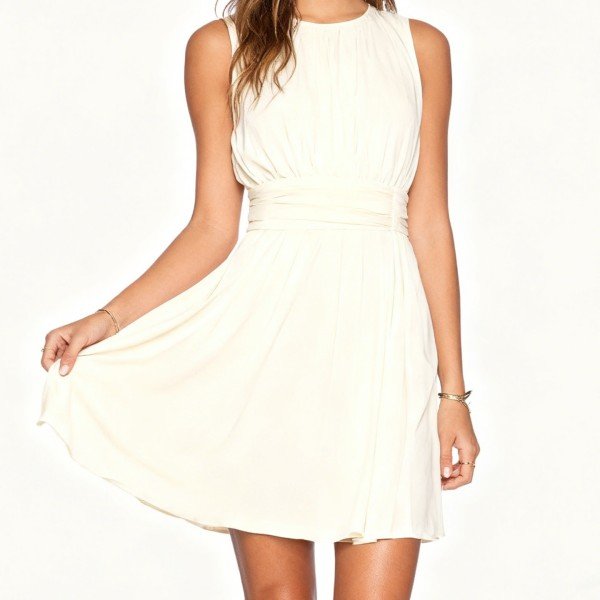 Women's Cream Sleeveless Ruched Dress - Belted A-Line Mini Dress