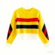 Yellow Crew Neck Sweater with Color Block Stripes and Textured Sleeves