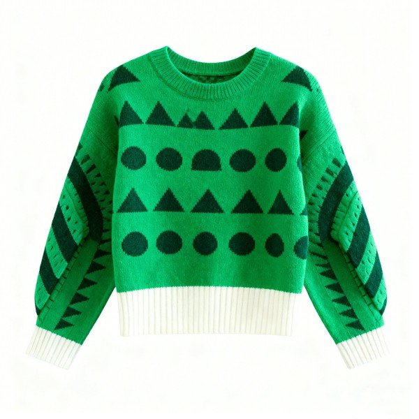 Green Crew Neck Sweater with Geometric Pattern and Textured Sleeves