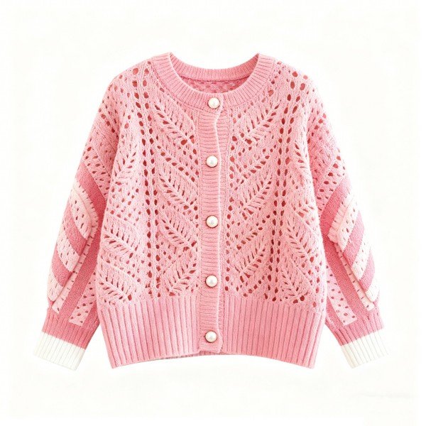 Pink Lace Knit Cardigan with Pearl Buttons