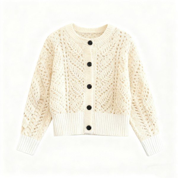 Beige Lace Knit Cardigan with Button Front