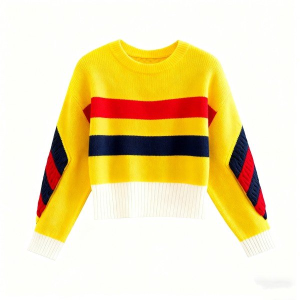 Yellow Crew Neck Sweater with Color Block Stripes and Textured Sleeves