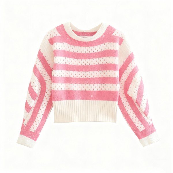 Pink and White Striped Lace Knit Sweater