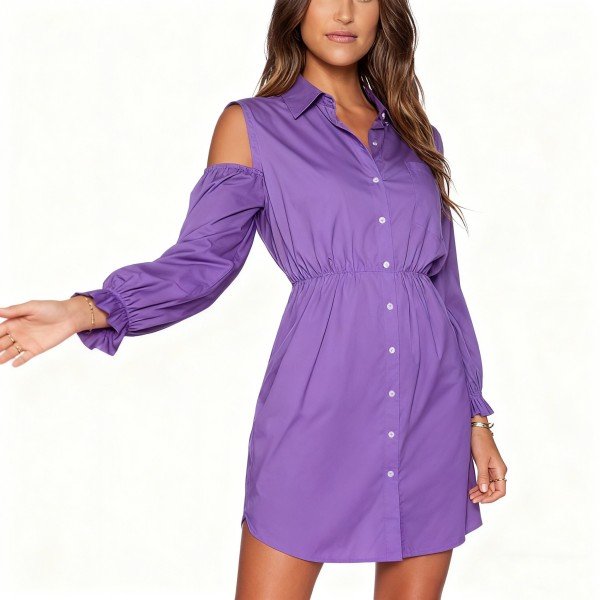 Women's Purple Cold-Shoulder Shirt Dress - Button-Front Mini Dress