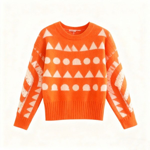 Orange Crew Neck Sweater with Geometric Pattern