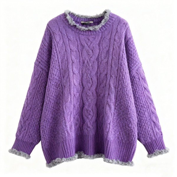 Purple Cable Knit Sweater with Fuzzy Trim